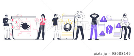 Internet scam phishing. Cyber hacker attack, online cyber crime, computer security, personal data protection flat vector illustration on white background 98688149