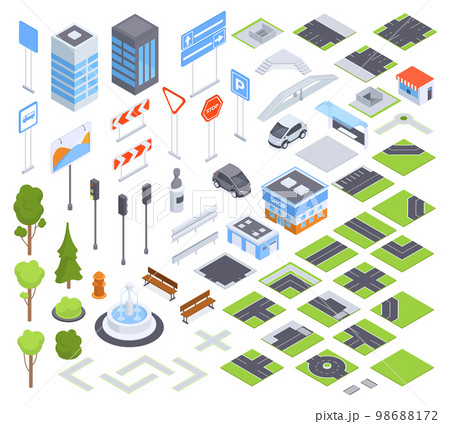 Isometric city road elements and traffic signposts. Street road signs, crossroads, traffic light and bus shop 3D vector illustration set. Urban city environment collection Isometric city road elements and traffic signposts. Street road signs, crossroads, traffic light and bus shop 3D vector illustration set. Urban city environment collection 98688172