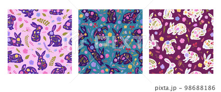 Cartoon cute bunny patterns. Easter rabbits, floral decorative hare flat seamless vector background illustrations. Rabbits pattern endless design 98688186