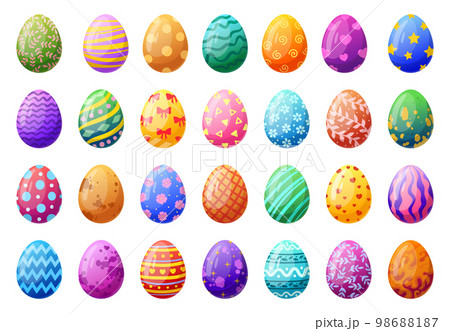Cartoon Easter surprise eggs. Spring holiday egg hunt chocolate egg, traditional painted eggs flat vector illustration set. Easter colorful egg collection Cartoon Easter surprise eggs. Spring holiday egg hunt chocolate egg, traditional painted eggs flat vector illustration set. Easter colorful egg collection 98688187