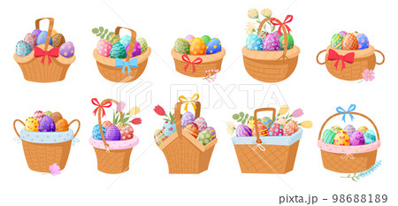 Cartoon baskets full of easter eggs. Spring holiday chocolate eggs, wicker basket with painted colorful eggs flat vector illustration set. Easter surprise eggs baskets 98688189