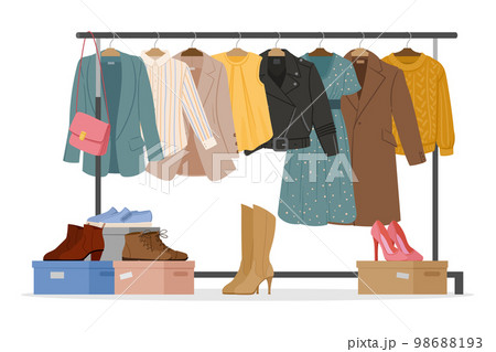 Clothes hanger rail. Cartoon casual garments and accessories, fashionable wardrobe clothing flat vector illustration. Modern apparel on cloth rack 98688193
