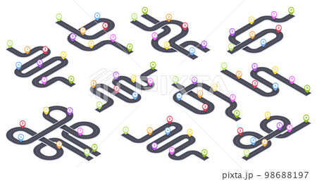 Isometric road map navigation. Urban city 8 steps timeline roads, winding road infographic 3D vector illustration collection. Timeline roadmap pathway set 98688197