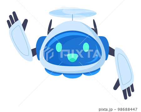 Cartoon cheerful aerial drone. Modern flying drone with propellers, cute robot quadcopter flat vector illustration on white background 98688447