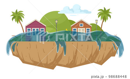 Cartoon flood natural disaster. Huge ocean waves environmental damage, natural cataclysm and extreme weather, flooded houses flat vector illustration on white background 98688448