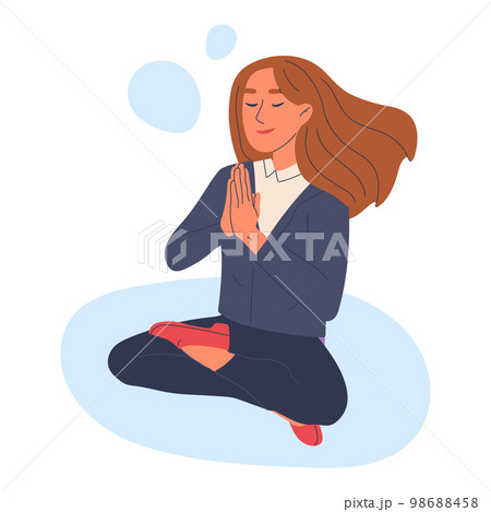 Meditating business woman. Relaxing office worker in lotus pose, peaceful tranquil female employee practicing yoga flat vector illustration isolated on white background 98688458