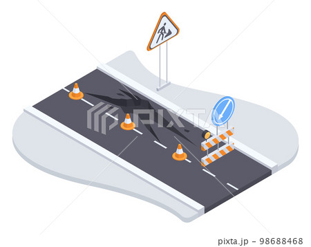 Isometric cracked city road. Urban city asphalt road under construction, road fenced with security signposts and barriers 3D vector illustration. Danger road section Isometric cracked city road. Urban city asphalt road under construction, road fenced with security signposts and barriers 3D vector illustration. Danger road section 98688468