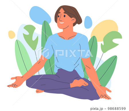 Meditating man. Cartoon guy in lotus pose, yoga asana and breath training, peaceful, relaxing, tranquil male person practicing yoga flat vector illustration isolated on white background 98688599