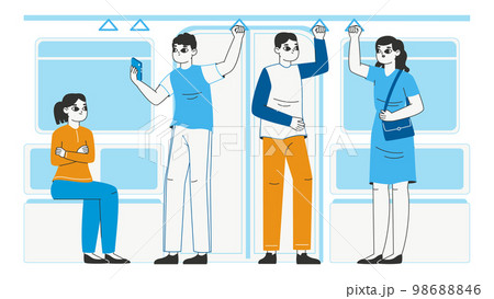 People holding subway handles. Public transport passengers, metro train or bus people crowd, tram passengers flat vector illustration on white background People holding subway handles. Public transport passengers, metro train or bus people crowd, tram passengers flat vector illustration on white background 98688846
