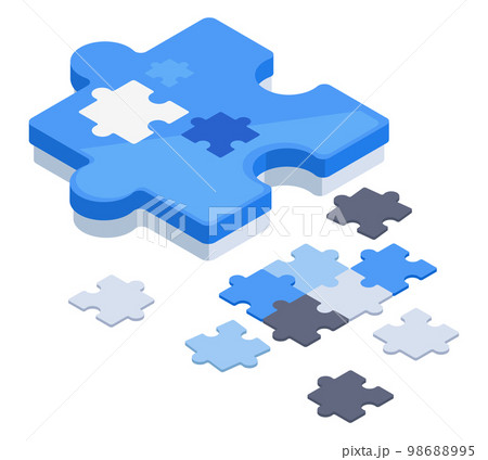 Isometric puzzle game. Jigsaw puzzle pieces, teamwork or problem solution 3d concept flat vector illustration on white background Isometric puzzle game. Jigsaw puzzle pieces, teamwork or problem solution 3d concept flat vector illustration on white background 98688995