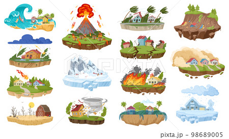 Cartoon natural disasters, flooding, earthquake and snow blizzard. Environment damage extreme weather, hurricane, flooding and forest fire flat vector illustration set. Natural cataclysm collection 98689005