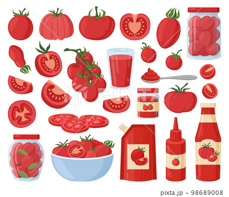 Cartoon tomato food ingredient, red vegetables and ketchup. Cherry tomatoes, sliced and chopped vegetables and tomato in bowl flat vector illustration set. Tomato ingredient collection 98689008