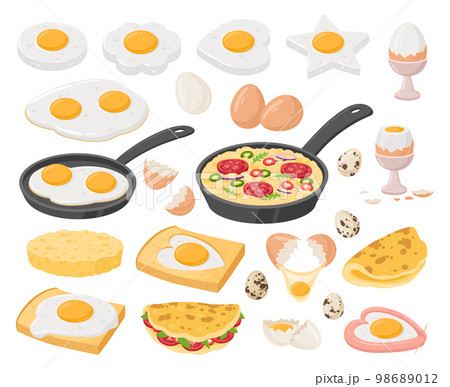 Cartoon eggs dishes, cooked eggs. Fried, boiled, stuffed egg, scrambled omelette and frittata, healthy delicious breakfast flat vector illustration set. Tasty cooked egg dishes 98689012