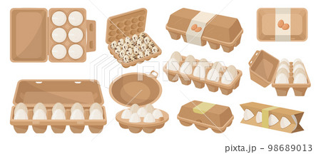 Cartoon eggs packaging, eggs in cardboard boxes. Farmer market, grocery store chicken eggs, organic healthy food flat vector illustration set. Chicken eggs in boxes 98689013
