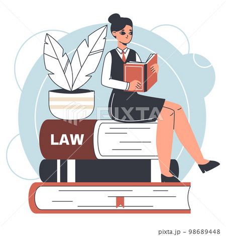 Legal service female worker. Law firm litigation support and consultation, law and judgment research flat vector illustration on white background 98689448