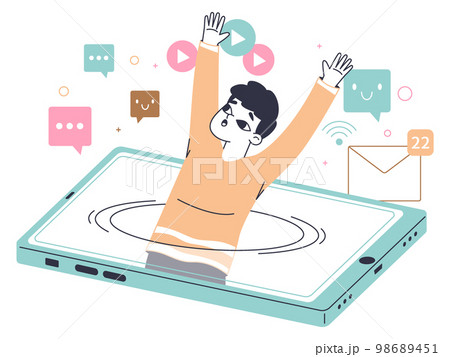 Male addicted to smartphone, drowning in mobile phone screen. Gadgets, social media addiction, man smartphone or tablet addiction linear flat vector illustration on white background 98689451