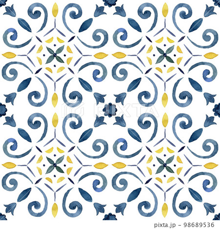 Watercolor abstract seamless pattern consisting of blue and yellow Mediterranean tiles and elements. Hand painted illustration isolation on white background for design, print or background. Watercolor abstract seamless pattern consisting of blue and yellow Mediterranean tiles and elements. Hand painted illustration isolation on white background for design, print or background. 98689536