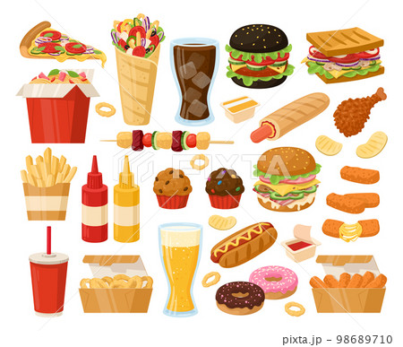 Cartoon junk fast food, pizza, shawarma, hamburger and french fries. Takeaway restaurant food, fried chicken, hot dog and waffles flat vector illustration collection. Junk snacks and drinks set 98689710