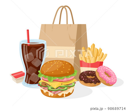 Cartoon fast food meal concept, cheese burger, french fries and soda pop. Junk food menu, burger with grilled meat and cheese and fried potatoes flat vector illustration. Takeaway food scene Cartoon fast food meal concept, cheese burger, french fries and soda pop. Junk food menu, burger with grilled meat and cheese and fried potatoes flat vector illustration. Takeaway food scene 98689714