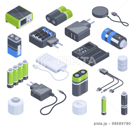 Isometric accumulators, battery, charging plugs and adapters. Electricity power chargers, gadget charging equipment 3d vector illustration set. Charging tools collection 98689780