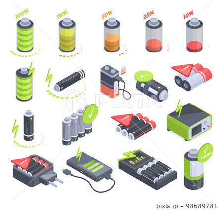 Isometric battery, accumulators and chargers indicators. Energy power detectors, low battery, charging levels icons 3d vector illustration set. Electricity charging elements 98689781