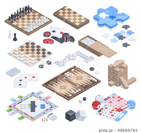 Isometric board games, leisure time game. Lotto bingo, chess, domino and cards table gaming 3d vector illustration collection. Leisure board game activities 98689784