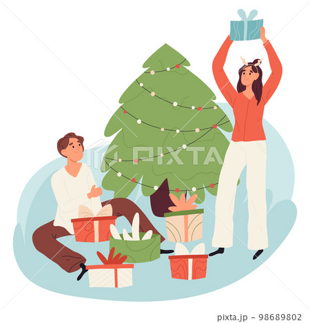 Cartoon Christmas eve, winter holiday celebration people. Xmas party festive preparation and winter activities isolated flat cartoon vector illustration on white background 98689802