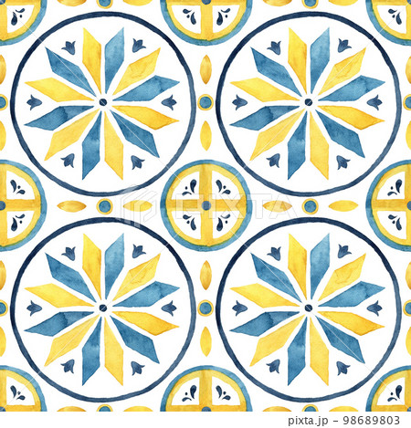 Watercolor abstract seamless pattern consisting of yellow and blue Mediterranean tiles and elements. Hand painted traditional illustration isolation on white background for design, print, background. 98689803