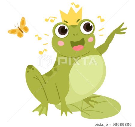 Cartoon green frog in crown sitting in pond. Cute amphibia in natural habitat, froggy animal in pond with water lilies isolated flat vector illustration on white background 98689806