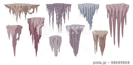 Cartoon growth limestone stalactite formations. Stalactite stones, underground stalactite limestone icicles, natural cave rocks isolated flat vector illustration on white background 98689808