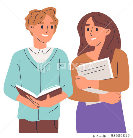 College students reading books, people with books. High school students holding educational literature, young couple studying isolated flat vector illustration on white background 98689819