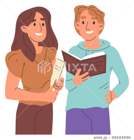 Students reading books, high school or college students with books. People holding educational literature, young couple reading isolated flat vector illustration on white background 98689896