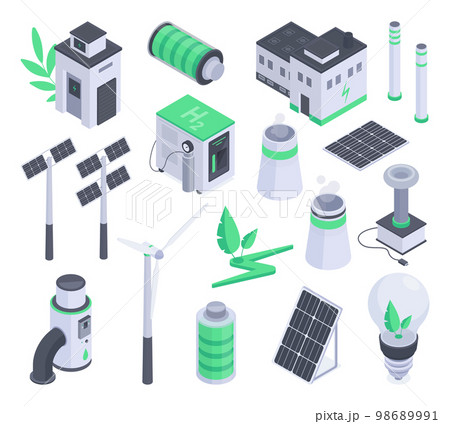 Isometric alternative energy sources, solar battery and windmills. Green renewable energy, electric car and wind generators 3d vector illustration collection. Alternative green energy set 98689991