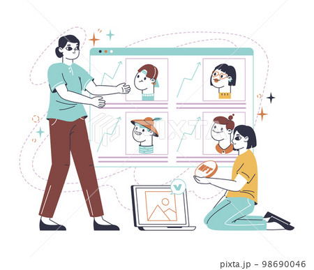 Non fungible token, crypto art selling and buying. Digital artist creating non fungible token via blockchain, exclusive nft masterpieces flat vector Illustration. Cryptocurrency arts concept 98690046