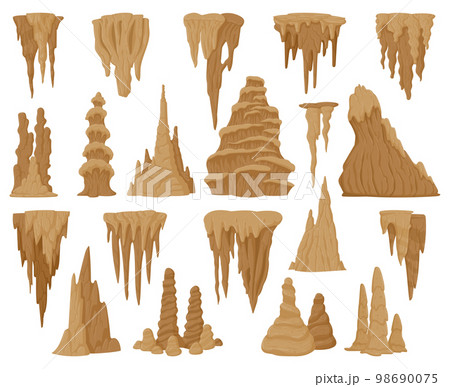 Cartoon stalactites and stalagmites, cave limestone rocks. Natural growth geology formations, mineral stalagmite and stalagnate columns flat vector illustration collection. Limestone formation set 98690075