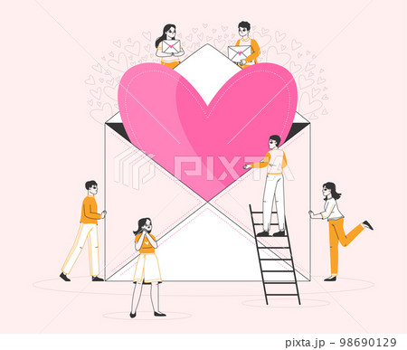 Love letter, sharing love, Valentines day concept. People sending letter, romantic love sharing, Valentines day post flat vector illustration. Characters sending love letter. 98690129