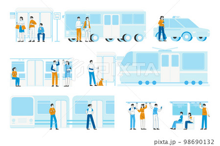 Bus stop, taxi, tram busy public transport passengers. People travel on urban city transport, metro train and car sharing passenger flat vector illustration set. City transportation infrastructure 98690132