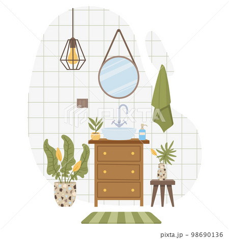 Bathroom interior, cartoon washroom. Modern bathroom interior, cosy bathroom decorated with plants flat illustration. Flat scandinavian bathroom scene 98690136