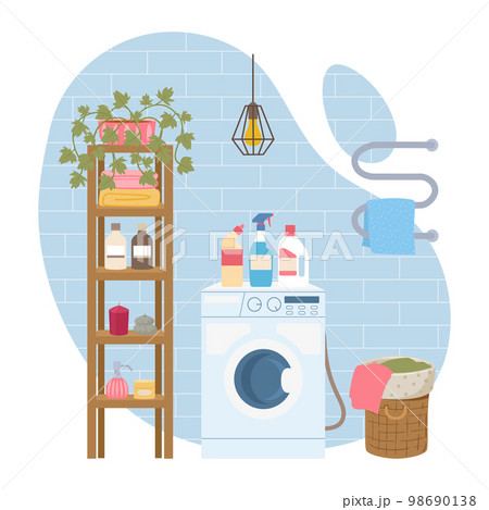 Bathroom interior, cartoon washroom. Modern bathroom interior, cosy bathroom decorated with plants flat illustration. Flat scandinavian bathroom scene Bathroom interior, cartoon washroom. Modern bathroom interior, cosy bathroom decorated with plants flat illustration. Flat scandinavian bathroom scene 98690138