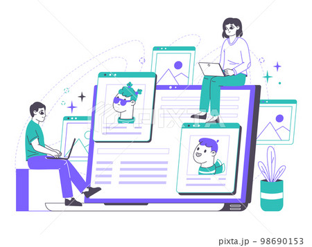 Non fungible token, cryptocurrency arts concept. Crypto art sale and buy, digital artist creating non fungible token via blockchain flat vector Illustration. Outline exclusive nft masterpieces Non fungible token, cryptocurrency arts concept. Crypto art sale and buy, digital artist creating non fungible token via blockchain flat vector Illustration. Outline exclusive nft masterpieces 98690153