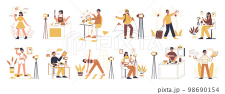 Online vloggers and bloggers, food, beauty and travel blogs. Flat internet content makers, social media photo and video creators flat symbols illustration set. Streaming bloggers collection 98690154