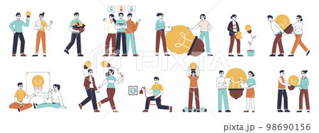 People with great ideas, business people searching idea. Flat creative brilliant ideas light bulb metaphor, great idea generating symbols illustration set. Business solutions scenes collection 98690156
