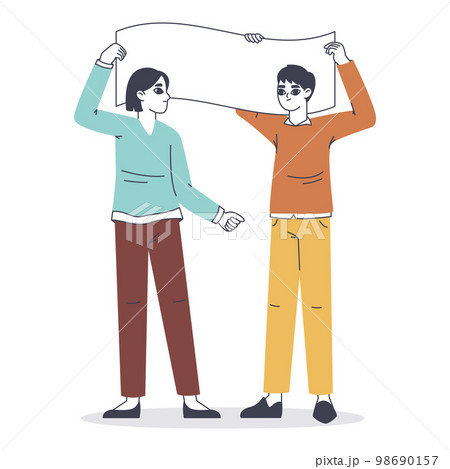 Protesting couple, peaceful protest and manifestation. Political or eco activists protest, people holding empty placard flat vector illustration. Protesting activists 98690157