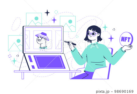 Non fungible token, digital nft arts market. People sale and buy crypto arts, artists creating non fungible token via blockchain flat vector Illustration. NFT crypto art scene 98690169