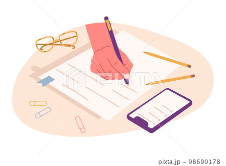 Writing human hand filling planner, taking notes or signing documents. Flat hand holding pen isolated flat symbols illustrations. Paperwork concept 98690178