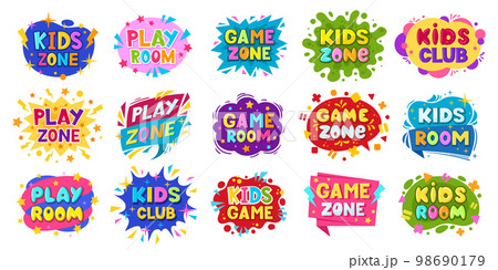 Cartoon kids play room badges, play zone labels. Entertainment children playroom, game zone party stickers flat vector symbols set. Colorful child playing zone badges collection 98690179