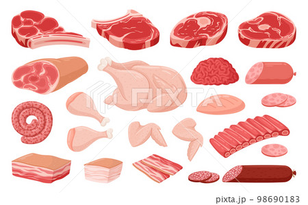 Cartoon meat, chicken breast, ribs, pork and beef steak. Raw meat food, bacon, burger patty, beef steak and sausages flat vector illustration collection. Butcher shop meat products 98690183