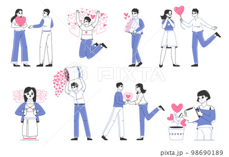 Love sharing, people sharing and giving hearts. Valentines day love massages, men and women giving hearts to each other flat vector illustration set. Characters with hearts collection Love sharing, people sharing and giving hearts. Valentines day love massages, men and women giving hearts to each other flat vector illustration set. Characters with hearts collection 98690189