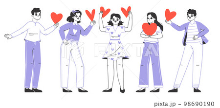 Flat people carrying and holding hearts. Love sharing, characters in love, standing together with hearts in hands flat vector illustration. Valentines day, love share concept Flat people carrying and holding hearts. Love sharing, characters in love, standing together with hearts in hands flat vector illustration. Valentines day, love share concept 98690190