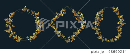 Butterflies golden frames, gorgeous wedding decoration. Gold butterfly wreaths, exotic insects circle decor flat vector background illustration. Gorgeous butterflies frames elements Butterflies golden frames, gorgeous wedding decoration. Gold butterfly wreaths, exotic insects circle decor flat vector background illustration. Gorgeous butterflies frames elements 98690214